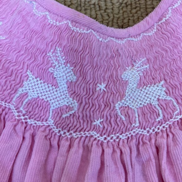 Smocked or Not Girls Dress 6 Pink Soft Corduroy Reindeer Long Rickrack - Picture 5 of 9